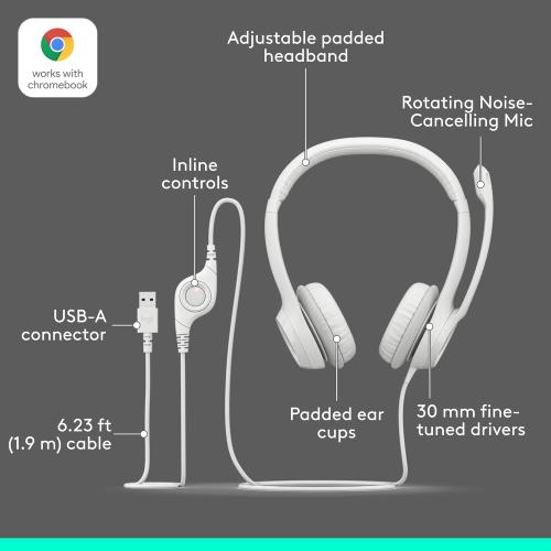 Logitech H390 Wired Headset for PC/Laptop, Stereo Headphones with Noise Cancelling Microphone, USB-A, In-Line Controls, Works with Chromebook - Off White