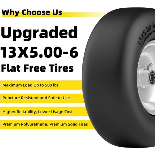 13x5.00-6 Flat Free Lawn Mower Tire, Zero Turn Mower Front Tires, 13x5x6 Solid Mower Wheel for Residential and Commercial, 3/4 & 5/8 Bearing, 3.25-5.9 Center Hub, 2Pack Gray, 500Lbs