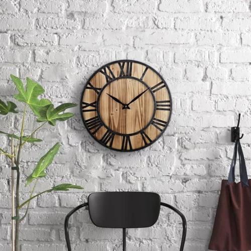 16-Inch Rustic Vintage Metal & Wood Silent Non-Ticking Decorative Wall Clock with Large Roman Numerals