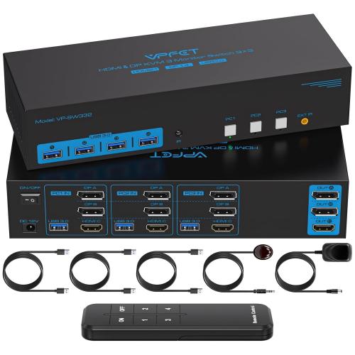 4K144Hz HDMI   2 Displayport KVM Switch 3 Monitors 3 Computers 8K USB 3.0 KVM Switches Triple Monitor for 3 Computer Share 3 Screens and 4 USB 3.0 Ports Support Extended/Copy Mode