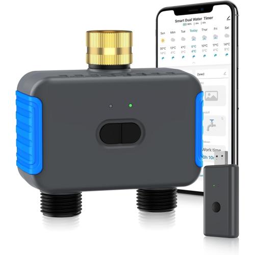 WiFi Sprinkler Timer, 2 Zone Smart Bluetooth Hose Timer, Programmable Automatic Irrigation System with Remote APP, Compatible with Alexa Google, Watering for Outdoor Garden Yard Lawn