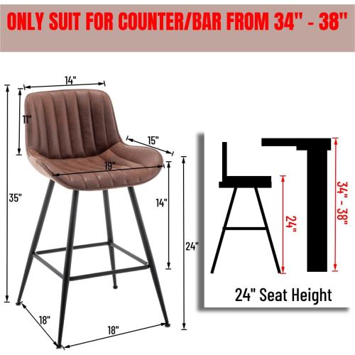 Set of 2 Whiterye Brown Bar Stools Set of 2, Fabric Upholstered Barstools Armless, 24 in Bar Stool Bar Height, Black and Brown Barstools for Home Bar, Coffee Bar.