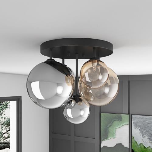 Aiwen 18 5-Light Black Semi Flush Mount Ceiling Light, Mid-Century Modern | Flush Mount Chandelier with Globe Glass Shade, Farmhouse Ceiling Light Fixture, Cluster Chandelier for Bedroom, Dining Room