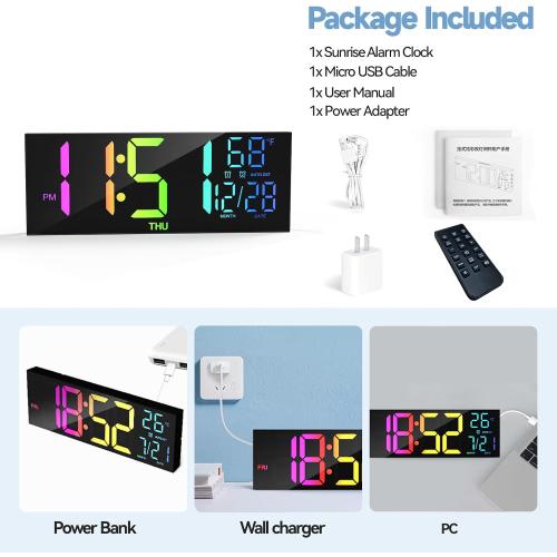 Digital Wall Clock Large Display, 13 Large Digital Wall Clock with RGB Color Remote Control, Automatic Brightness Dimmer Big Clock with Night Lights, Auto DST, Date Week,Perfect for Gift