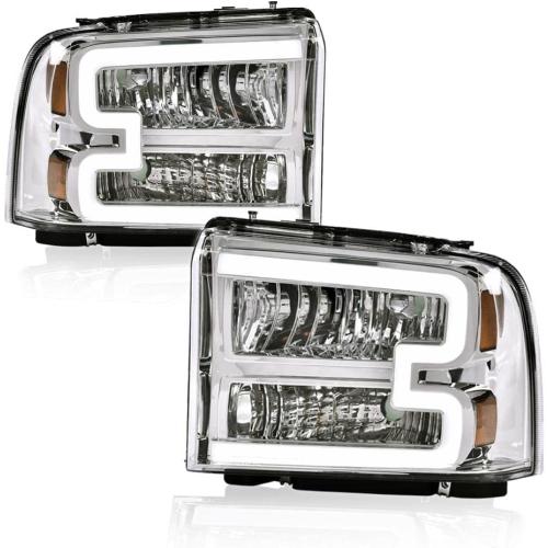 PIT66 LED Headlight Assembly Compatible with 2005-2007 Ford F250 F350 F450 F550 Super Duty/ 2005 Excursion,(Not Fit Sealed Beam Headlight model) Clear Lens Chrome Housing Amber Reflector