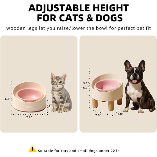 MS!MAKE SURE Cat Bowls, Adjustable Elevated Ceramic Cat Bowls with Anti-Slip Rubber Pad, Splash Guard, Lead & Cadmium Free, Whisker Friendly, for Puppies & Cats - 5.1 Wide, 295ML (10 oz), Pink