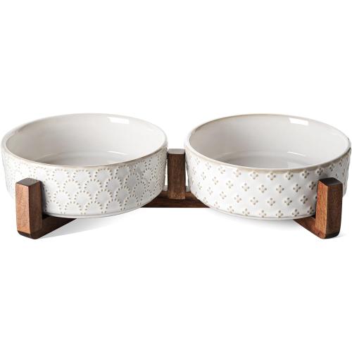 LE TAUCI Dog Bowl Set with Acacia Wood Stand - 1.8-Cup Ceramic Puppy Bowls for Small Dogs, Dual Food and Water Bowls with Weighted Non-Slip Base