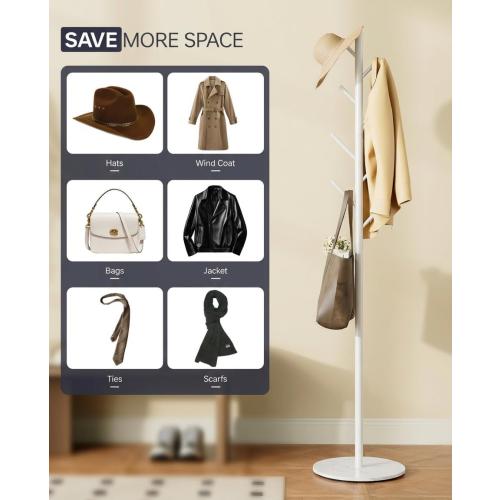 Coat Rack with 8 Hooks, 3 Adjustable Heights, Modern Hall Tree, Sturdy Metal Clothes Stand with Sintered Stone Base for Entryway, Office, Bedroom, for Coats, Hats, Handbags and Scarves, White