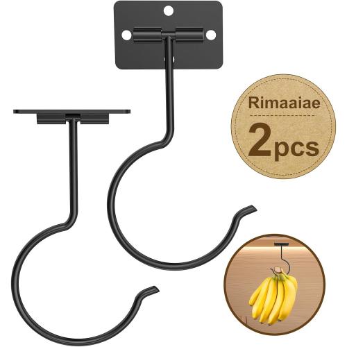 2 Pcs Banana Hook, Under Cabinet Foldable Banana Hanger | Black Self-Adhesive Under Cabinet Foldable Metal Banana Hanger, Banana Hook Holder to Keep Bananas Fresh, Save Space
