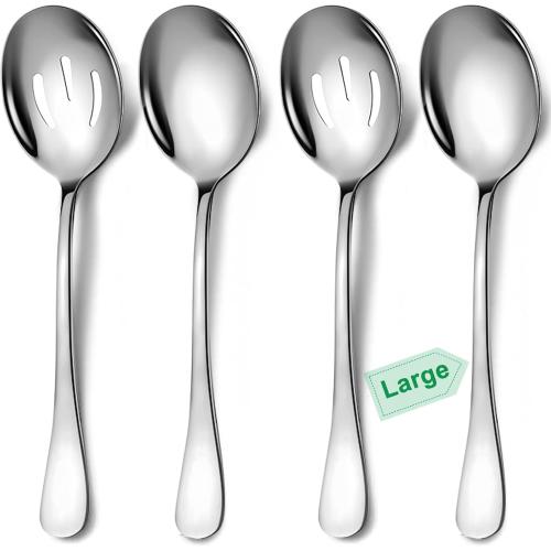 4 Piece Stainless Steel Serving Spoons Set, 10-Inch, Includes 2 Large, 2 Slotted, for Parties/Kitchen/Buffet/Catering, Dishwasher Safe