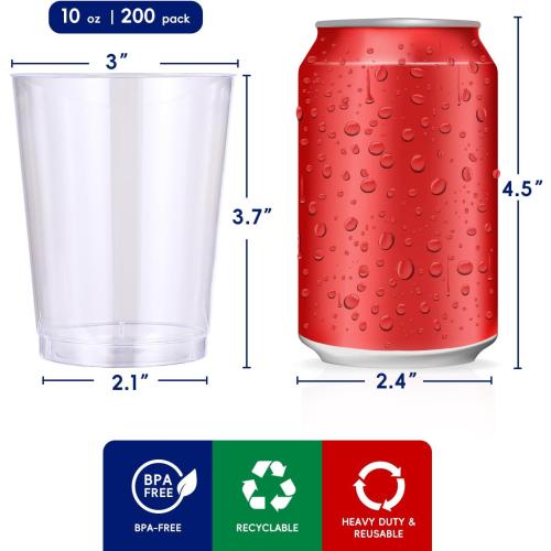 JOLLY CHEF 10 oz Clear Disposable Plastic Cups 200 Pack, Clear Plastic Cups Tumblers, Heavy duty Party Glasses, Disposable Cups for Wedding, Thanksgiving, Christmas Party