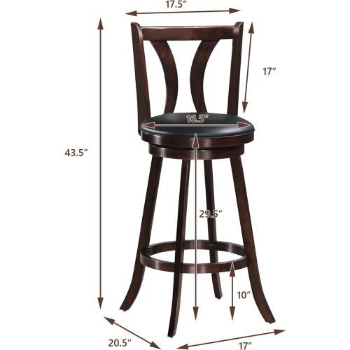 COSTWAY Bar Stools Set of 2, 360-Degree Swivel Stools with Leather Padded Seat, Single Slat Back & Solid Rubber Wood Legs, Counter Height Stools for Pub, Restaurant, Kitchen, Brown (2, 29inch)