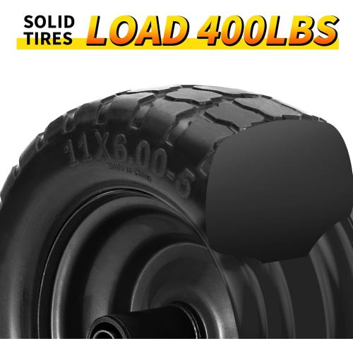 11x6.00-5 Lawn Mower Tires Flat Free, Zero Turn Mower Front Tires, 11x6-5 Solid Mower Wheel for Residential and Commercial, 3/4 and 5/8 Bearing, 6- 8 Center Hub, Load 400lbs, 2Pk Black