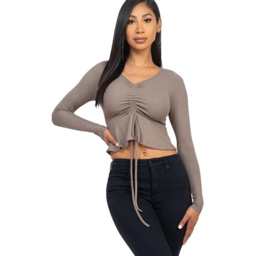 Size Large Capella USA Ribbed Drawstring Front Long Sleeve Peplum Top