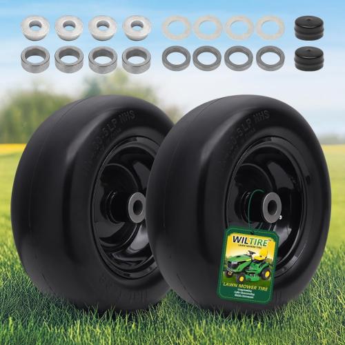 Black 11x4.00-5 Flat Free Tire and Wheel (2 Pack),Universal 11x4-5 Solid Smooth Tractor Turf Tire with Rim, 3.4 Centered Hub and 3/4 & 5/8 Bushing, For Zero Turn Mowers and Riding Lawn Mower