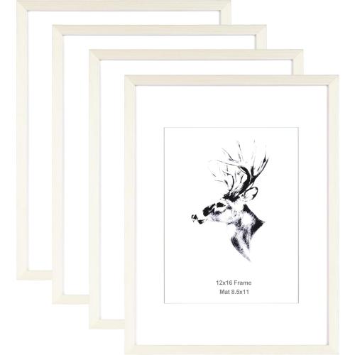 Yaetm White 12x16 Picture Frame with Mat for 8.5x11 Set of 4, Solid Wood Frame 12x16 for Photos, Posters & Art Prints, Horizontal and Vertical Wall Mount (4 pack, White)