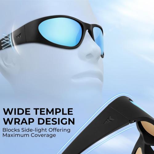 Black KastKing Raccoon Polarized Sport Sunglasses for Men and Women, Wide Temple Wrap, Ideal for Driving Fishing Cycling Running