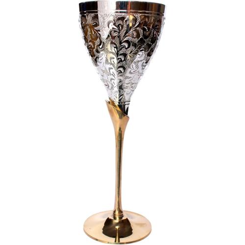 Silver StonKraft eSplanade Engraved Brass Goblet Champagne Glasses Flutes Coupes Wine Glass Set (Thick) - Silver Polished