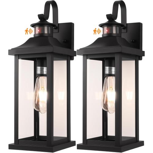 18 Inch Motion Sensor Outdoor Lights 2-Pack, Large Black Dusk to Dawn Outdoor Porch Lights for House IP65 Waterproof Exterior Lighting Fixtures for Front Door Garage Lantern Sconces