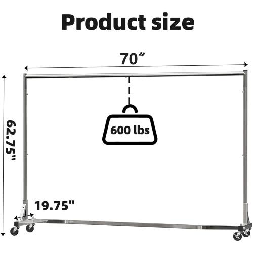 Simple Trending Industrial Grade Z Base 70in extra long Clothes Garment Rack, Commercial Grade Rolling Clothing Rack, Heavy Duty 600lb Load with Wheels, Chrome