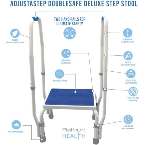 AdjustaStep(tm) DoubleSafe Deluxe Step Stool/Footstool with Dual Handle/Handrail, Height Adjustable. Modern White/Blue Design. Padded Non-Slip Hand Grips