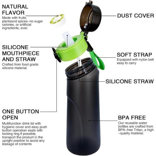 Air Gourde Starter Up Set with 1 Aroma Pods, 650ml Air Bottle Fruit Drink Fresh Water Fragrance and %0 Cup Water for and Outdoor Gym (2.0 Matte Black 1 Random Pod)