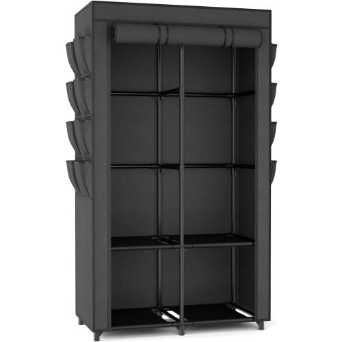 Portable Closet for Hanging Clothes, Portable Wardrobe Closet with Cover, 4 Storage Shelves, 2 Hanging Rods and 8 Side Pockets, Easy Assembly and Sturdy Free Standing Closet for Bedroom, Black