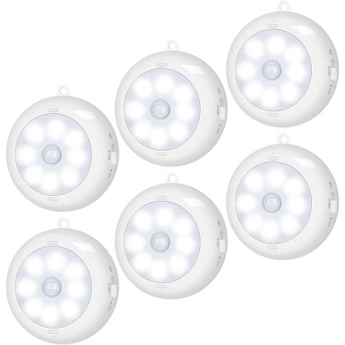 BLS Motion Sensor Light Indoor, Wireless LED Night Light, Under Cabinet Lighting, Battery Powered Puck Lights for Closet, Kitchen, Stairs, Wall, AA Battery Operated, Stick on, Dimmable, White, 6 Pack