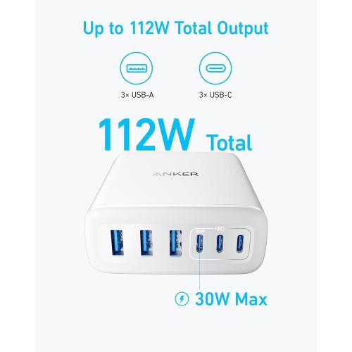 Anker Desktop Charger, Fast Charging USB C Charger, 112W Max 6-Port Charging Station, for iPhone17, iPad, MacBook, Samsung and More (Cable Not Included)