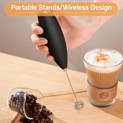 Cordless Electric Milk Frother - Handheld Battery-Powered Foam Maker for Coffee, Latte, Hot Chocolate | 15s Quick Frothing, Detachable & Quiet, with Stainless Steel Stand (Black)