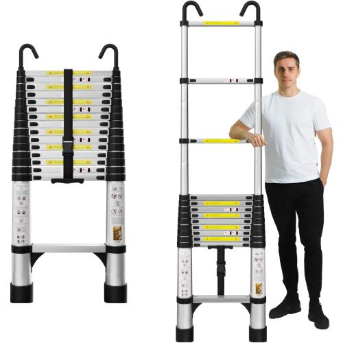 EvaStar 15.5FT Telescoping Ladder, Aluminum Lightweight Extension Ladder w/Hooks & Stabilizers, 330lbs Capacity Collapsible Ladders, Extension Telescopic Ladder for Home, Outdoor, RV - Silver