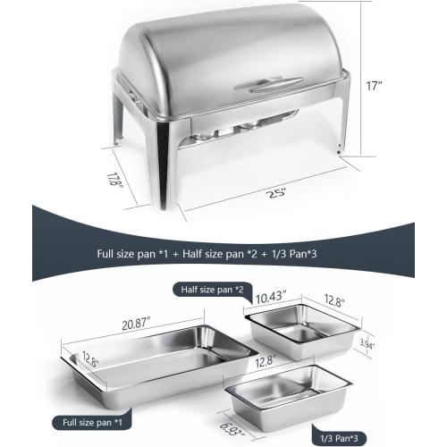 13QT Roll Top Chafing Dishes for Buffet: Catering Food Warmer for Parties, Wedding, Birthday, Christmas, 1 Full Size & 2 Half-Size & 3 1/3 size Chafing Server Dish, 1 Water Pan