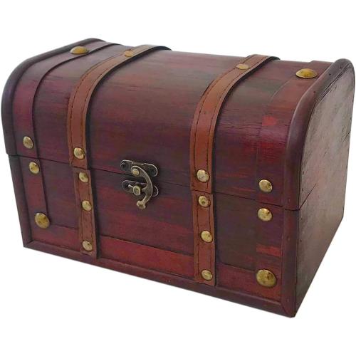 Wood and Leather Treasure Decorative Storage Chest With Lock and Lids - Handcrafted Small Stash Box for Home Decor