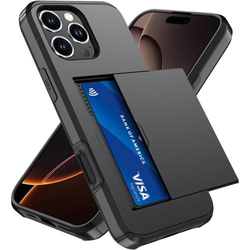 Qinmay Compatible with iPhone 16 Pro Case with Card Holder, Dual Layer Shockproof,Heavy Duty Protective Hidden Slot Slim Wallet Phone Cover，Black