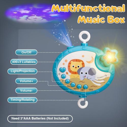 Mini Tudou Crib Mobile with Music and Lights,Baby Mobile for Crib with Hanging Rotating Rattle Toy,Star Projection,400 Lullabies and Timing Function,Remote Control Baby Crib Mobile for Boys Girls