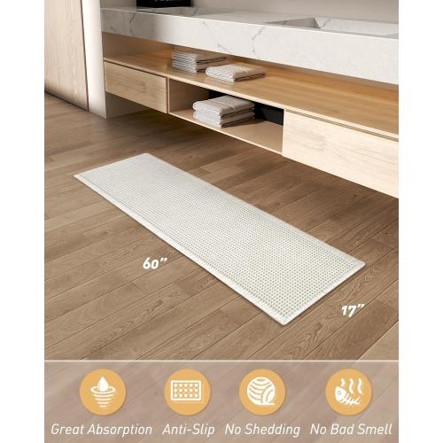 AMOAMI Upgraded Waffle Runner Rug Super Absorbent Non Slip Bath Mats for Bathroom Machine Washable Bathroom Runner Rug with Tassels, Ideal for Hallway Bedroom Laundry Room, White 17 x 60