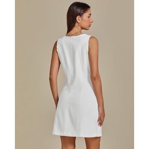 Size M luvamia Denim Dresses for Women Sleeveless Stretchy Jean Summer Casual Western Short Button Down Dress with Patch Pocket