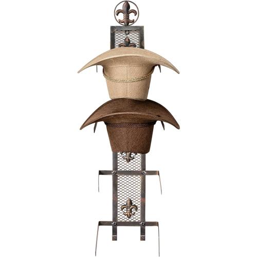 Size 13.8x32.6 Color brown Cowboy Hat Rack for Wall, Metal Fleur-De-Lis Cowboy Hat Holder for 4 Hats, Vertical Western Hat Rack Wall Mount, Rustic Fold-Up Wall Hanging Decorative Hat Racks, 13.8”W x 32.6”H