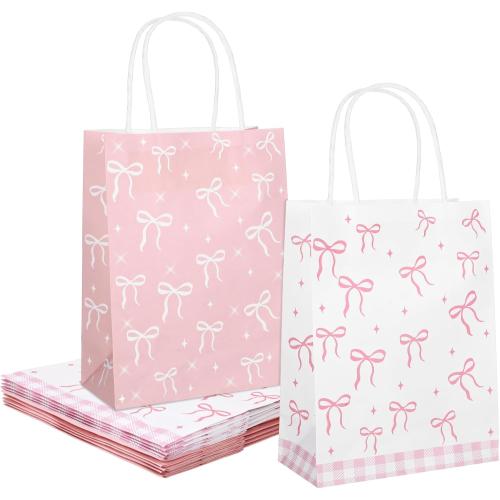 Maahongh 24 Pcs Bow Pink Party Favor Bags with Handle, Small Pink Gift Bags Goodie Bag Bow Themed, Cute Bowknot Candy Treat Bag Mother'S Day Birthday Party Favors Supplies