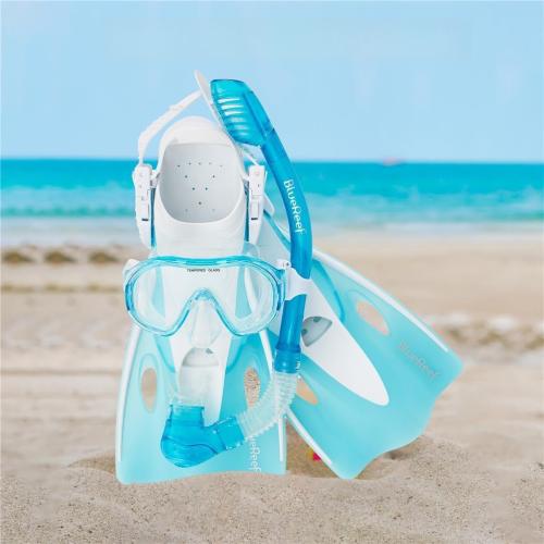Speedo dive Kids Snorkel Mask Set, Turquoise, Snorkeling Gear for Kids Includes Piper Kids Mask, Cortes Kids Dry Snorkel, Bay Kids Fins and Mesh Bag, Snorkeling Mask for Panoramic View