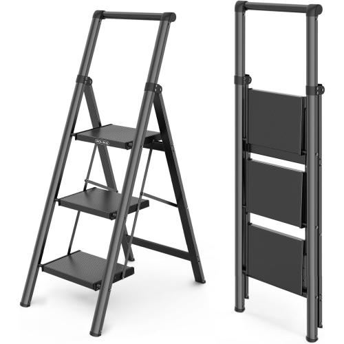 3 Step Ladder, Ladders for Home, Anti-Slip Pedals, Aluminum Step Stool Foldable, Lightweight to Move, Ease of Storage, Reach 8ft for Closet Kitchen Library, Hold 300lbs - Black