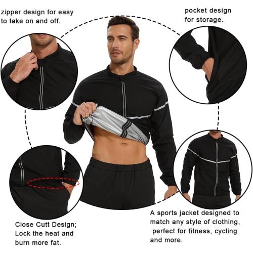 Size L ... Sauna Suit for Men Sweat - Long Sleeve Shirt Jacket Workout Body Shaper Zipper Top Slimming Fitness Trainer Gym
