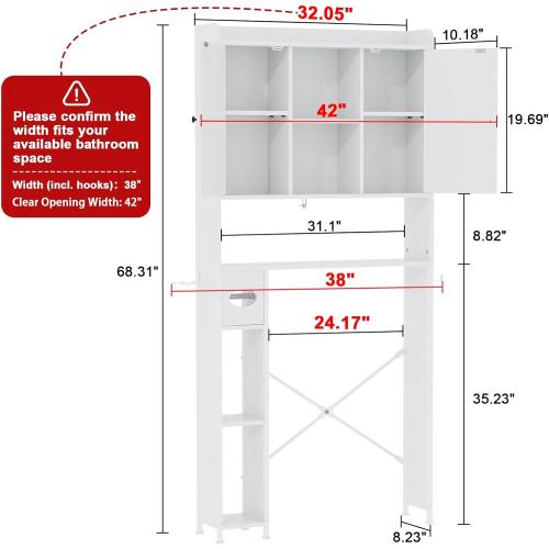 32W Over The Toilet Storage Cabinet with Metal Frame and 7 Storage Shelves, Bathroom Organizer with Adjustable Shelves and Paper Holder, Farmhouse Storage Cabinet for Bathroom, Laundry, White