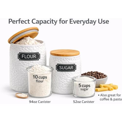 Ceramic Canister Set of 2 (94oz & 52oz) – Airtight Bamboo Lids for Flour, Sugar & Coffee – White Kitchen Storage Jars with Labels for Countertop & Pantry