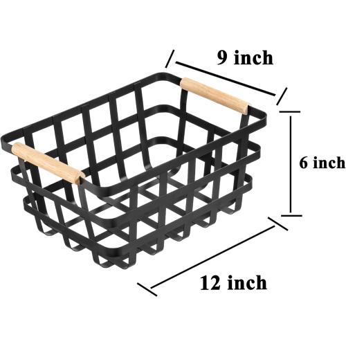 Wire Metal Baskets Metal Wire Food Storage Basket Organizer Farmhouse Baskets Bin Metal Wire Food Storage Basket Organizer with Wood Handles for Pantry Cabinets
