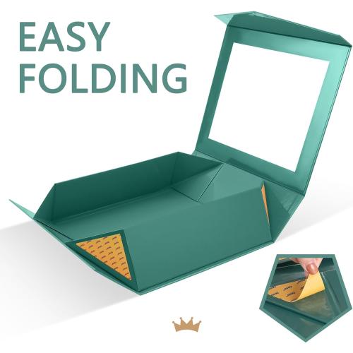 PACKQUEEN 5 Extra Large Green Gift Boxes with Windows, 16.3x14.2x5 Inches Clear Gift Boxes for Presents Contain Ribbons, Cards, Groomsmen Proposal Boxes Magnetic Lids (Glossy Green)