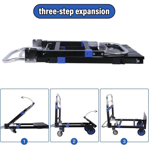 Upgraded 3 in 1 Folding Hand Truck, 600lbs Capacity, Heavy Duty Convertible Dolly with Retractable Handle and 4 Rubber Wheels, Collapsible Cart for Moving Home, Office, Warehouse (Blue)