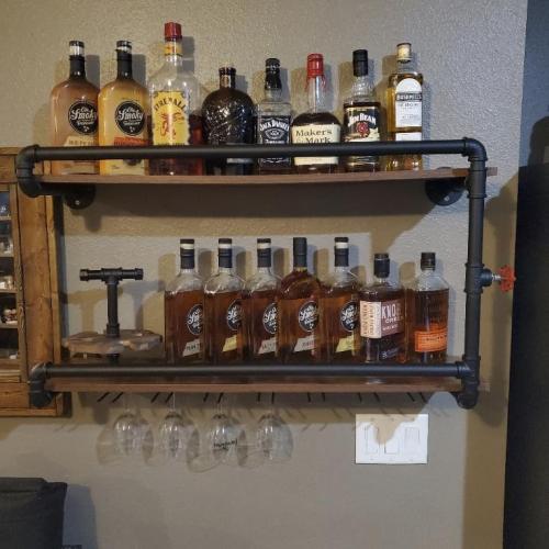Wine Rack Wall Mounted 2 Tier, Hanging Floating Bar Liquor Shelves with Glass Holder Storage Under, Industrial Rustic Pipe Farmhouse Kitchen Decor Black(35.4x10.6x19.7)