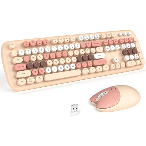 MOFII Wireless Keyboard and Mouse Combo, Full-Sized Colorful Typewriter Keyboard with Round Keycaps, 2.4G Cute Mouse Compatible with PC/Laptop/Computer,Milk Tea Color