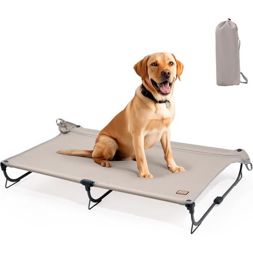 Daisy Cot, Large Foldable Elevated Dog Bed, Portable Raised Outdoor Folding Dog Cot, Cooling, Chew Proof, Waterproof, Heavy Duty Up to 160 Lbs for Camping/Home, Tan, 43x27x7”
